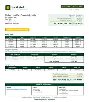 Statement of account PDF generated by DocGen from sample Dataverse data